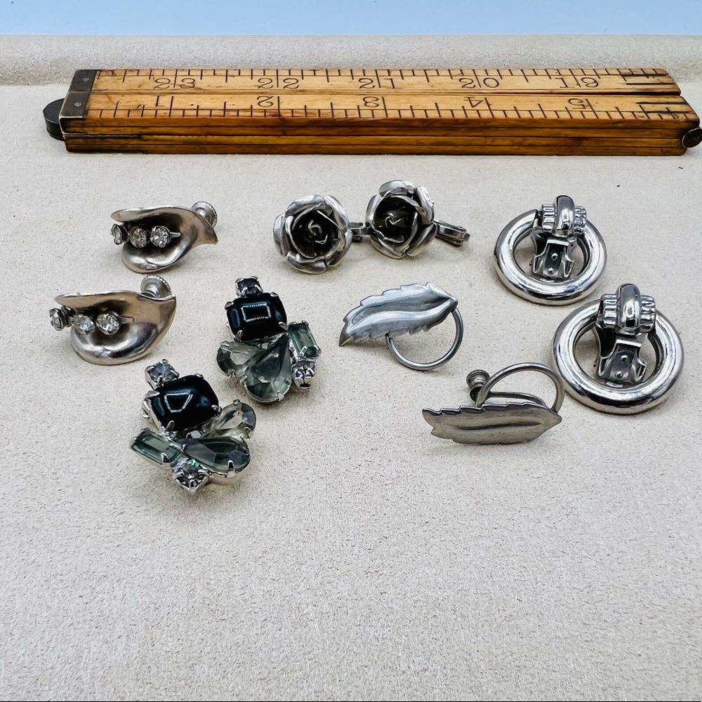 5 pairs silver tone vintage clip on earrings leafy floral rose rhinestones